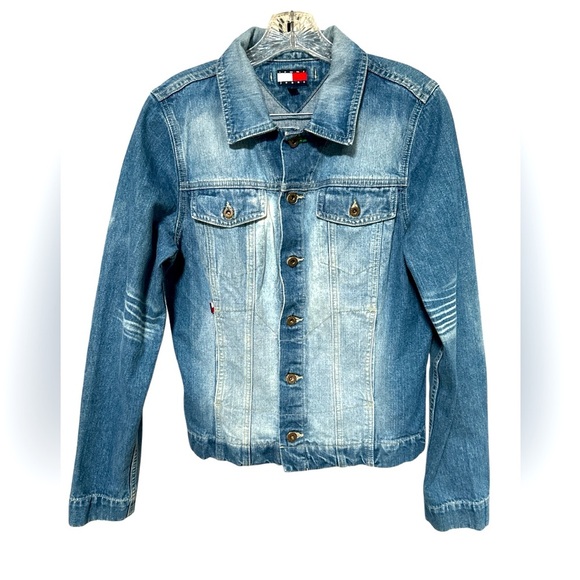 Vintage Tommy Jeans Women's Blue Optic Wash Denim Trucker Jacket - Picture 1 of 10
